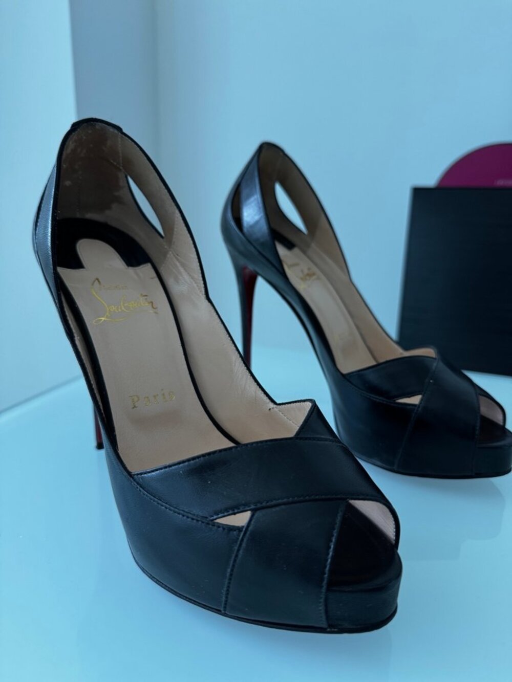 Christian Louboutin Black Leather Peep-Toe Platform Heels EU 38